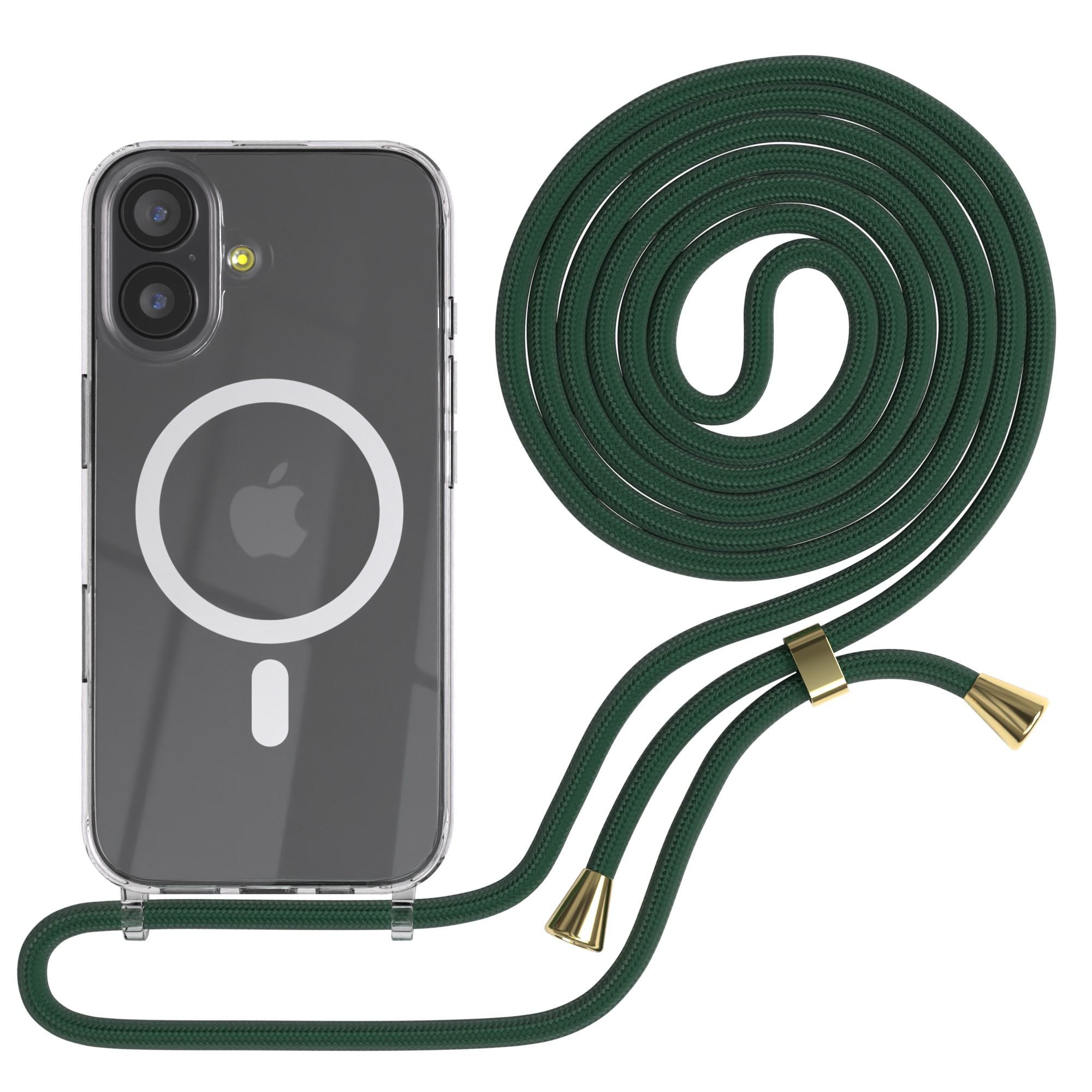 Eine transparente Handyhülle mit einem dunkelgrünen Umhängeband. Das Umhängeband hat goldene Details. Das Telefon hat ein Apple-Logo.