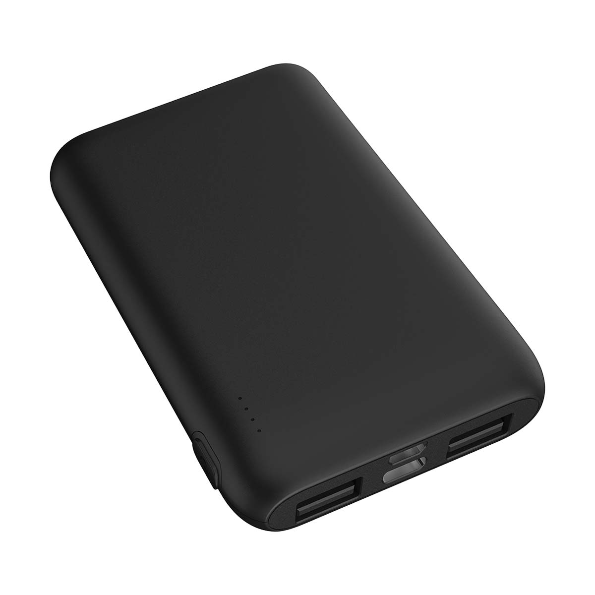 Un power bank nero con superficie liscia, leggermente angolato. Ha porte USB e spie di alimentazione.