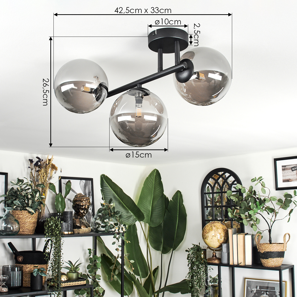 Eine moderne Deckenlampe mit drei kugelförmigen Glasschirmen. Darunter ein Regal mit Pflanzen, Dekoration und einer großen Pflanze mit breiten Blättern.