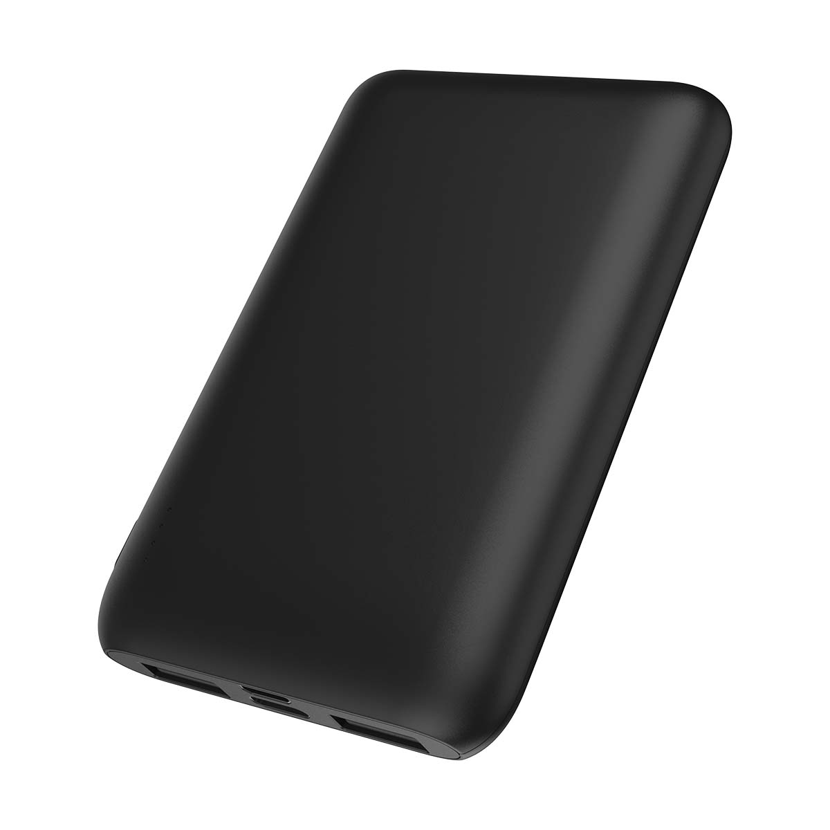 Un power bank rettangolare nero, con bordi arrotondati e porte su un'estremità. È posto su sfondo bianco, leggermente angolato.