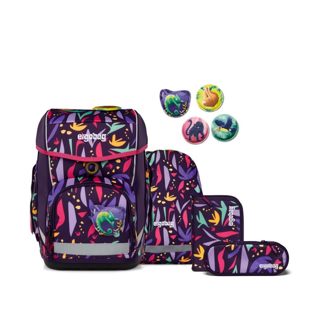Ein lila Ergobag-Schulranzen-Set mit passendem Zubehör. Enthält einen Rucksack, Federmäppchen und Aufnäher mit Tierdesigns.