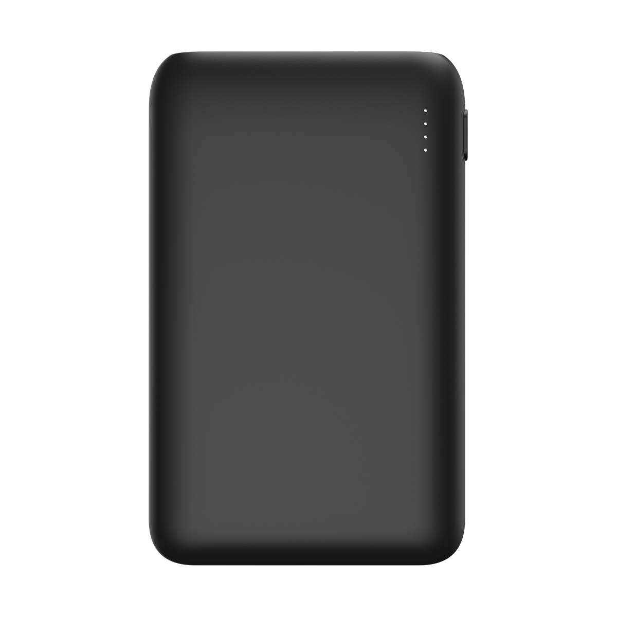 Un power bank nero rettangolare con angoli arrotondati. Ha quattro piccole spie bianche sul lato superiore destro.