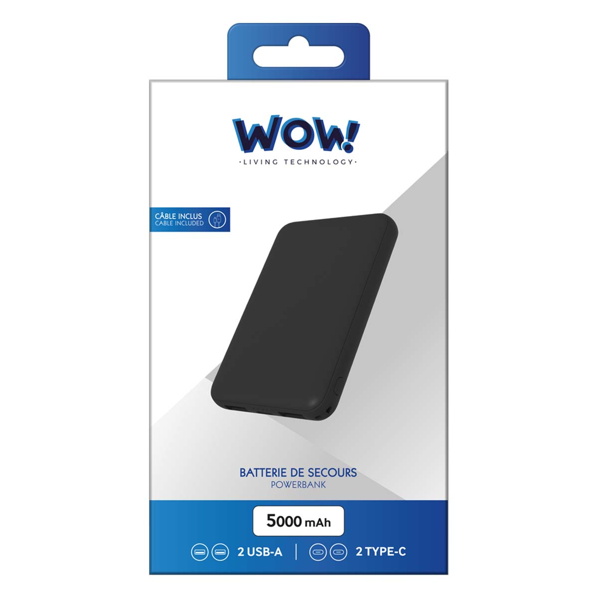Un power bank nero in confezione. Testo: 'Wow!', 'Powerbank', '5000 mAh' e 'Cavo incluso'.