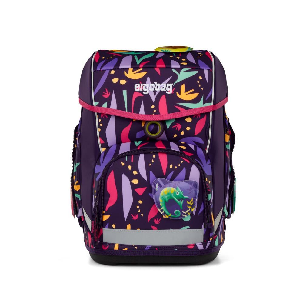 Lila Rucksack mit floralem Muster. Mit einem Chamäleon-Emblem. Hat mehrere Fächer und den Markennamen 'ergobag'.
