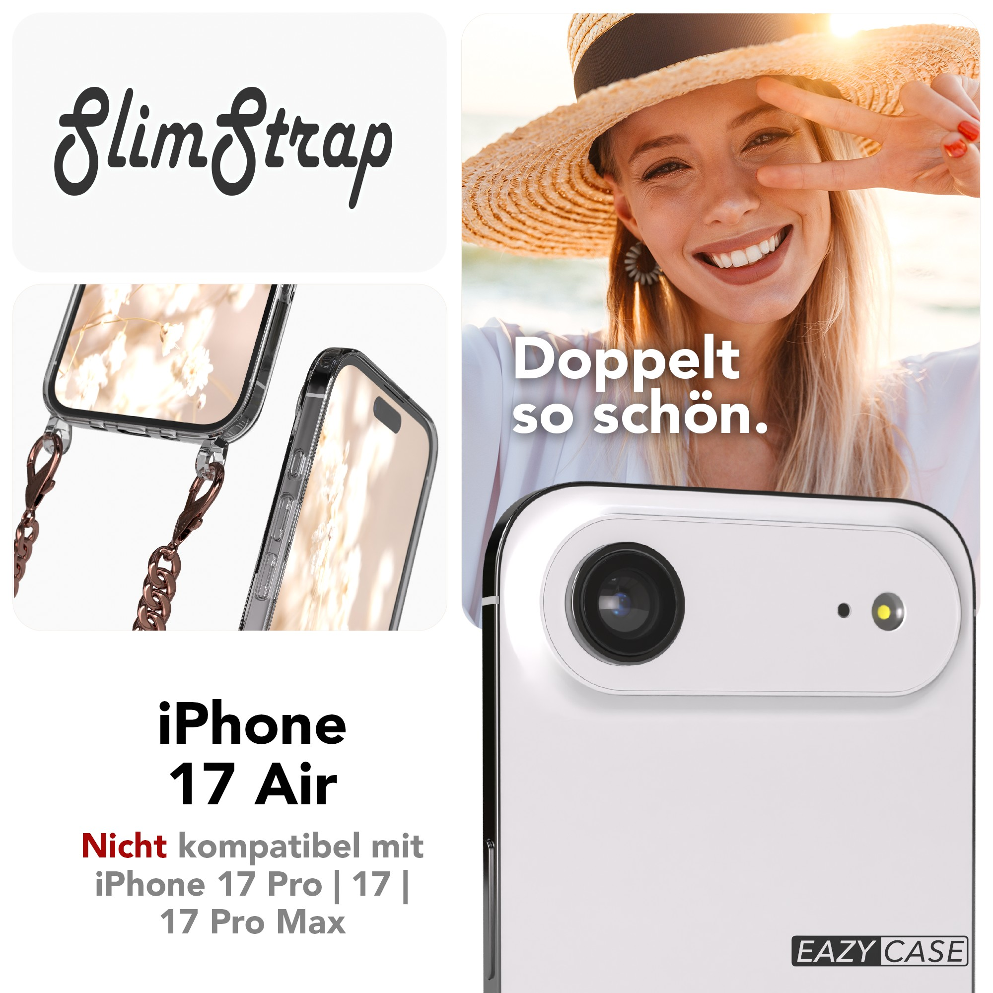 Das Bild zeigt eine Frau mit Strohhut und Handyhülle mit Riemen. Text: 'SlimStrap', 'iPhone 17 Air'.
