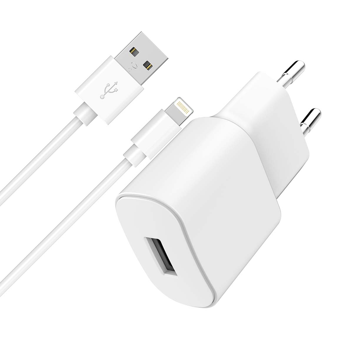Un chargeur de téléphone blanc avec port USB, câble Lightning et adaptateur secteur. Tous les composants sont blancs et isolés sur fond blanc.