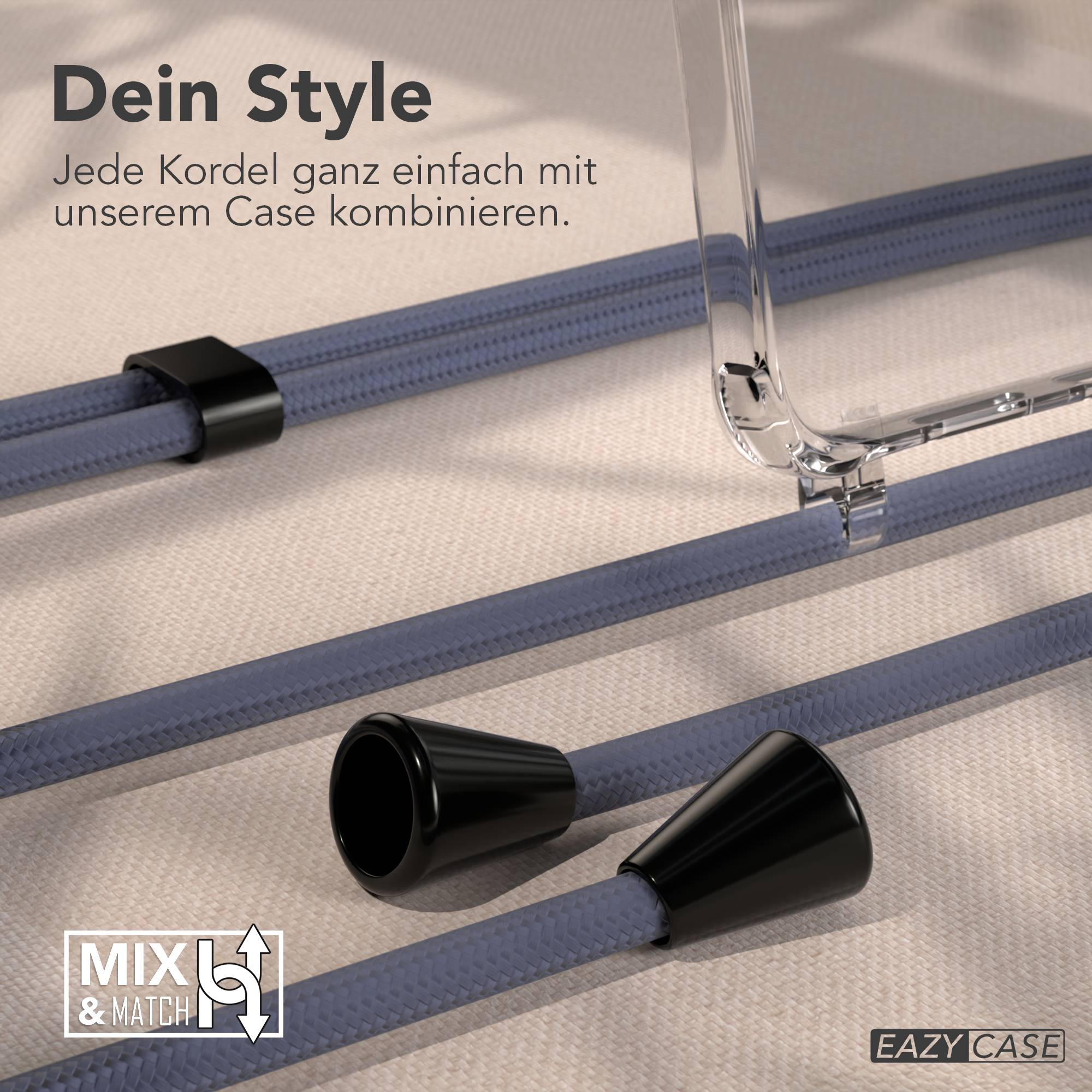 Das Bild zeigt Handykabel mit schwarzen Steckern. Der Text lautet 'Dein Style' und 'Mix & Match'.