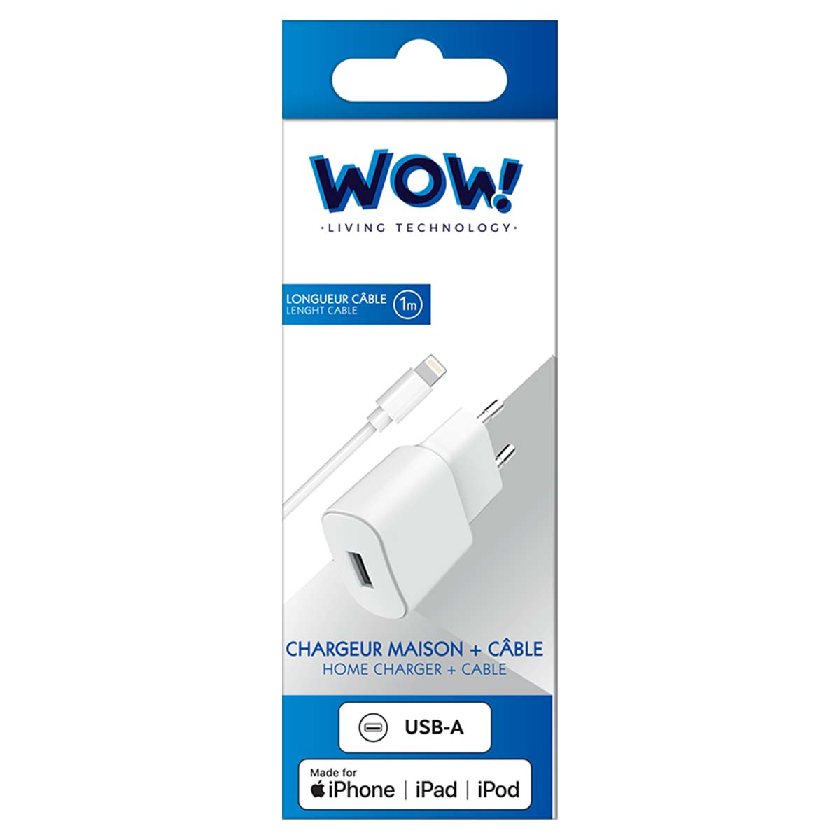 Un chargeur iPhone blanc avec câble. L'emballage est bleu et blanc, avec la marque WOW! et le texte 'home charger'.
