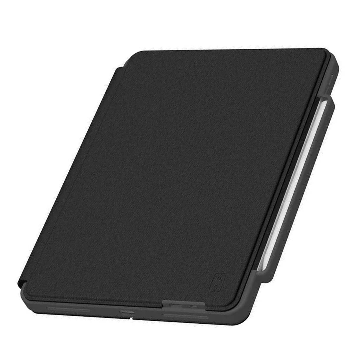 Una custodia nera per tablet con superficie strutturata e un supporto per stilo argentato sul lato.