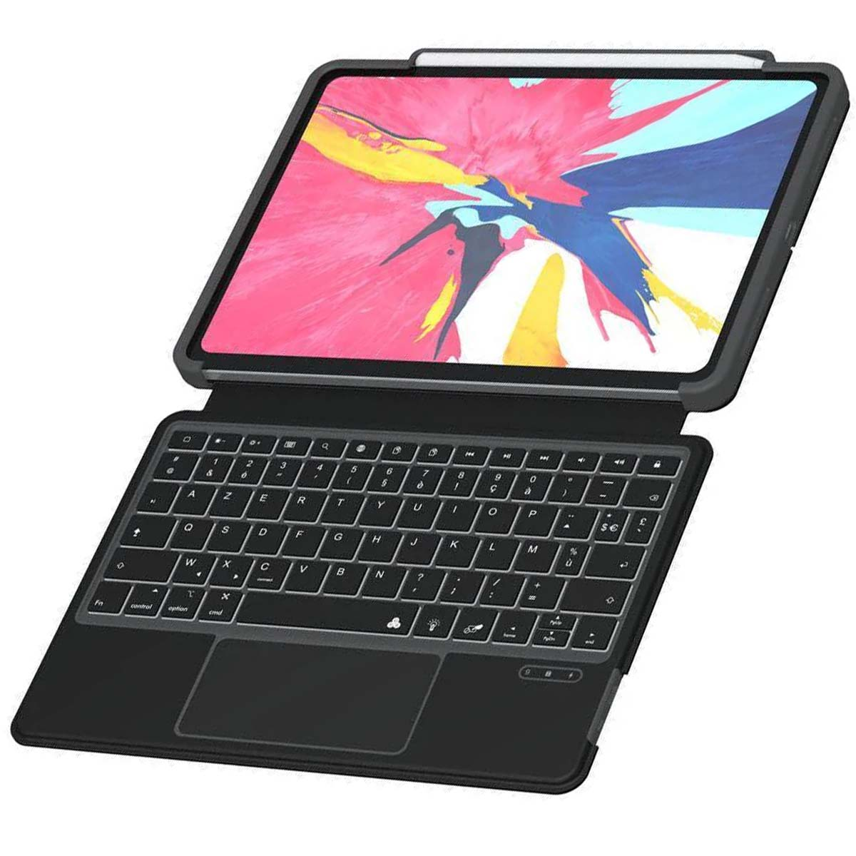 Tablet nero con tastiera. Lo schermo mostra arte astratta colorata. Stilo attaccato. La tastiera ha un touchpad e tasti con simboli.