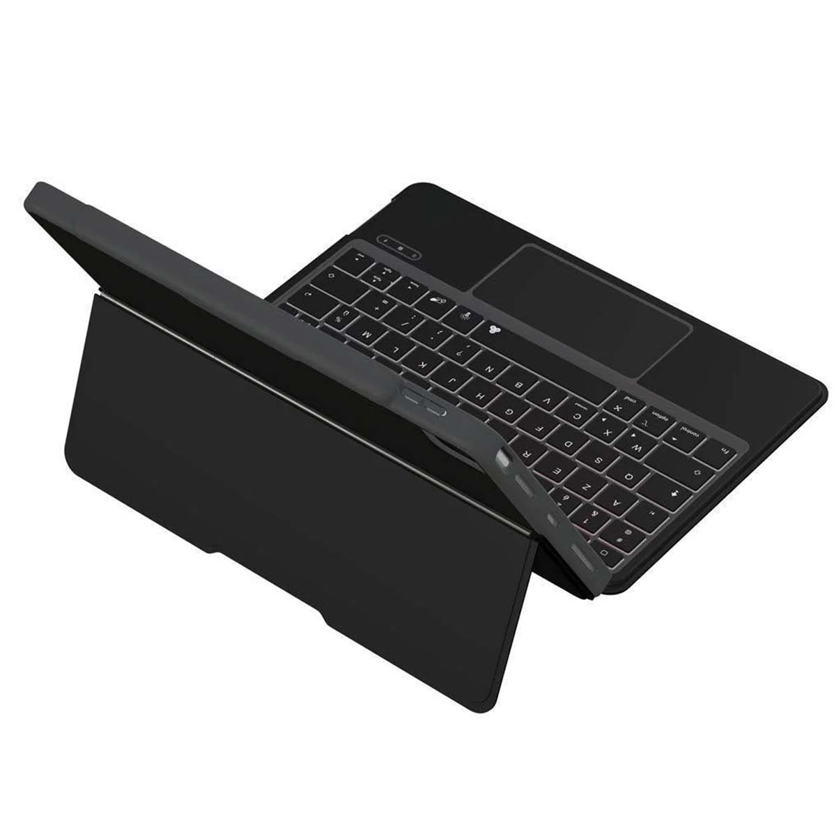 Una custodia per tastiera per tablet nera è aperta, che mostra i tasti e un touchpad. La copertura è aperta. Lo sfondo è bianco.