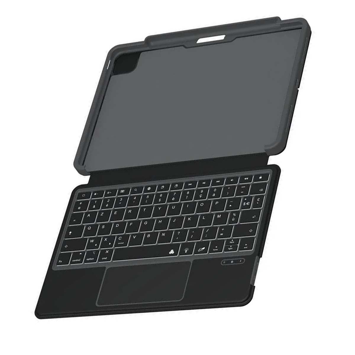 Una custodia per tastiera per tablet nera è aperta, che mostra la tastiera e il supporto per lo schermo. La tastiera ha lettere bianche.