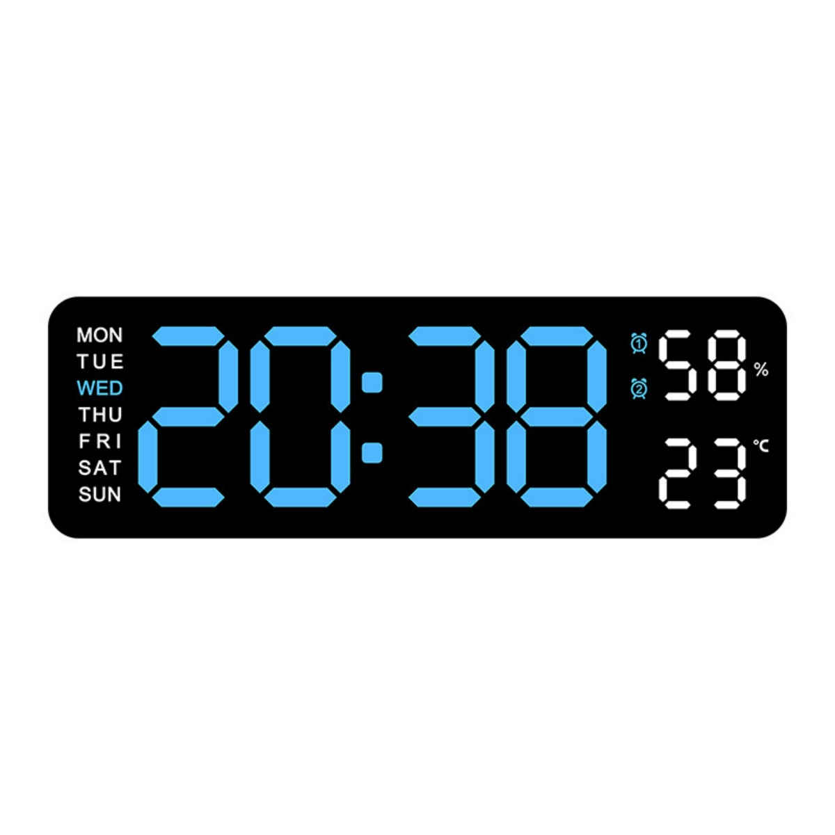 Digitaluhr zeigt 20:38, Mittwoch, 58% Luftfeuchtigkeit und 23°C an. Schwarzes Rechteck mit blauen Ziffern auf weißem Hintergrund.