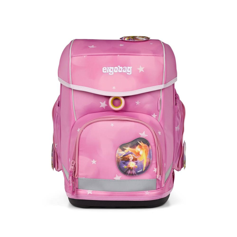 Ein rosa Schulrucksack mit Sternen. Er hat den Markennamen 'ergobag'. Auf der Vordertasche befindet sich ein Bild eines Mädchens mit einem Phönix.