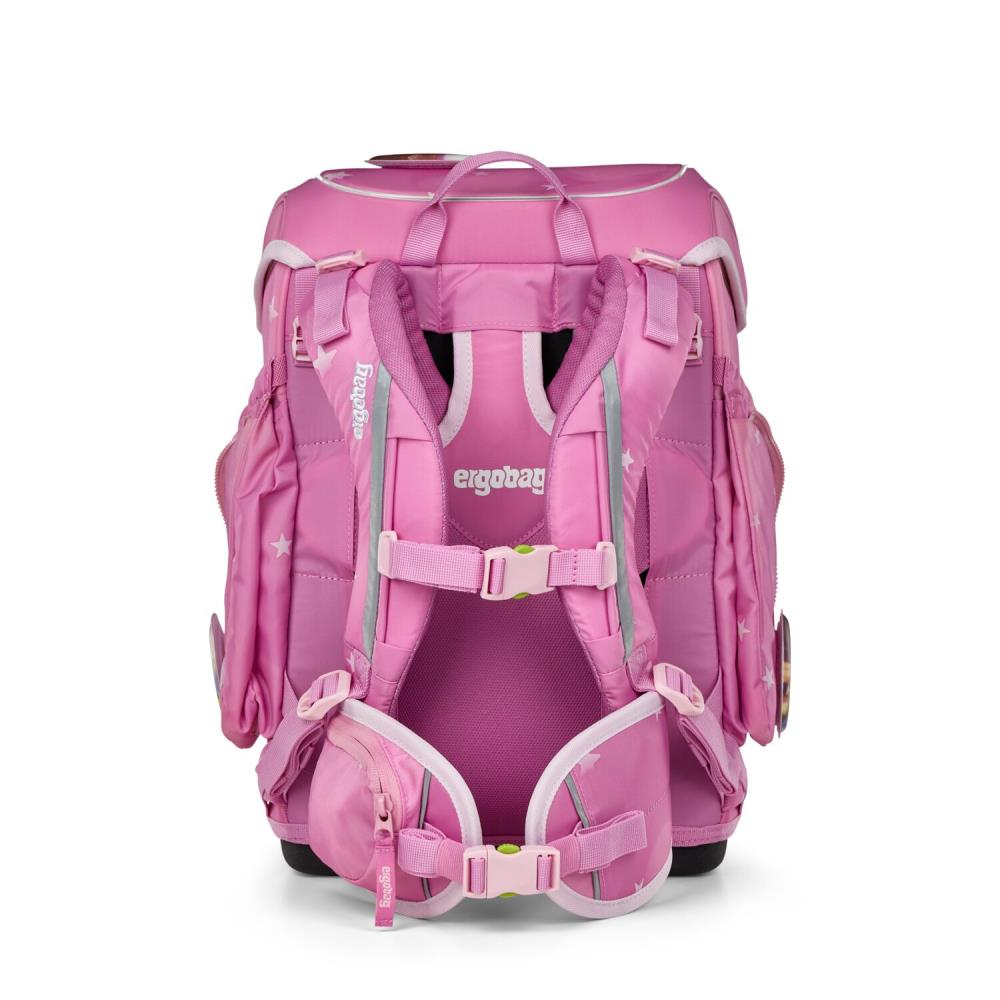 Rosa Schulrucksack mit Sternen, ergonomisches Design und verstellbare Träger. Mit 'ergobag'-Logo. Sichtbare Reißverschlüsse und Taschen.