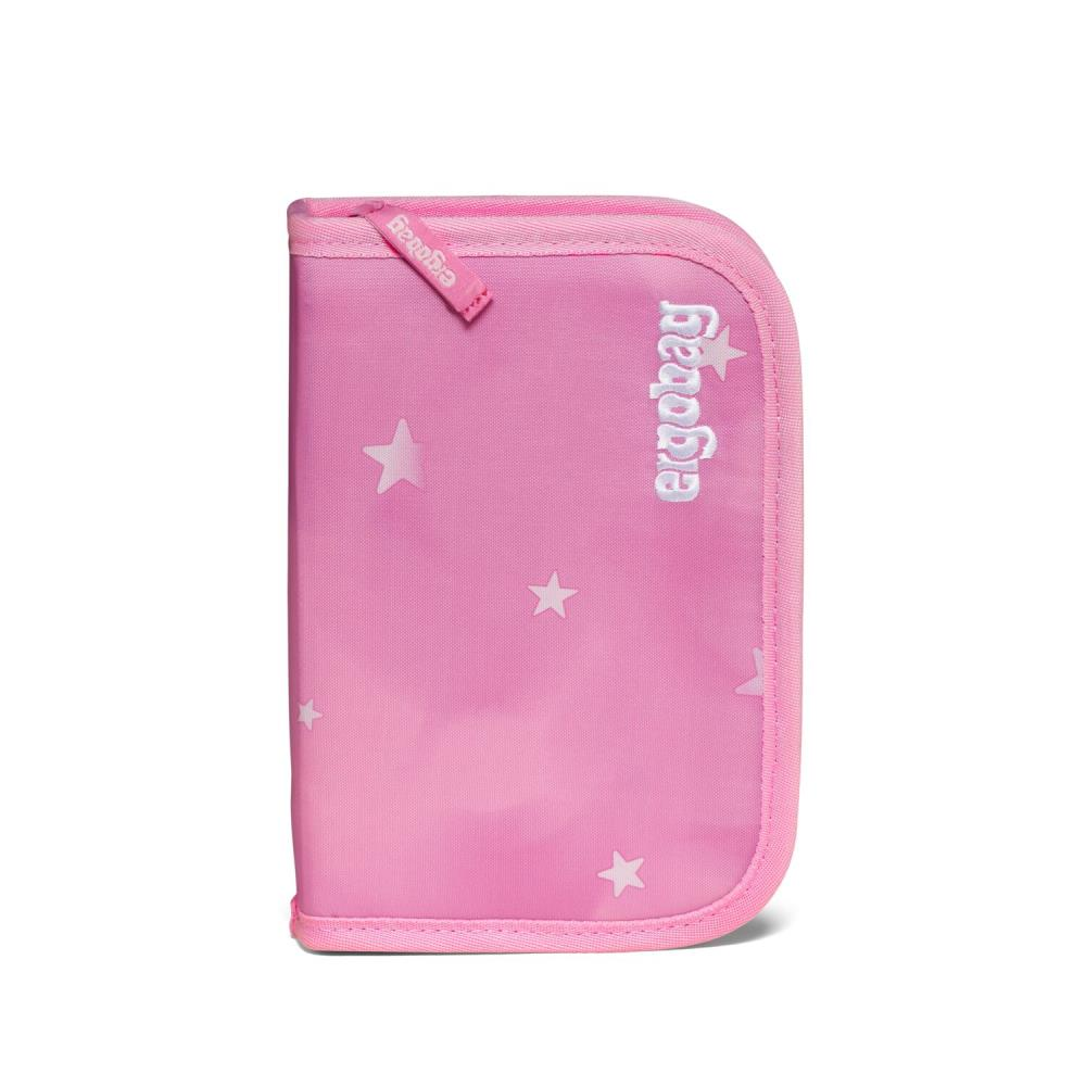 Ein rosa Federmäppchen mit weißen Sternen und dem Markennamen 'ergobag'. Der Reißverschluss befindet sich oben, der Hintergrund ist weiß.