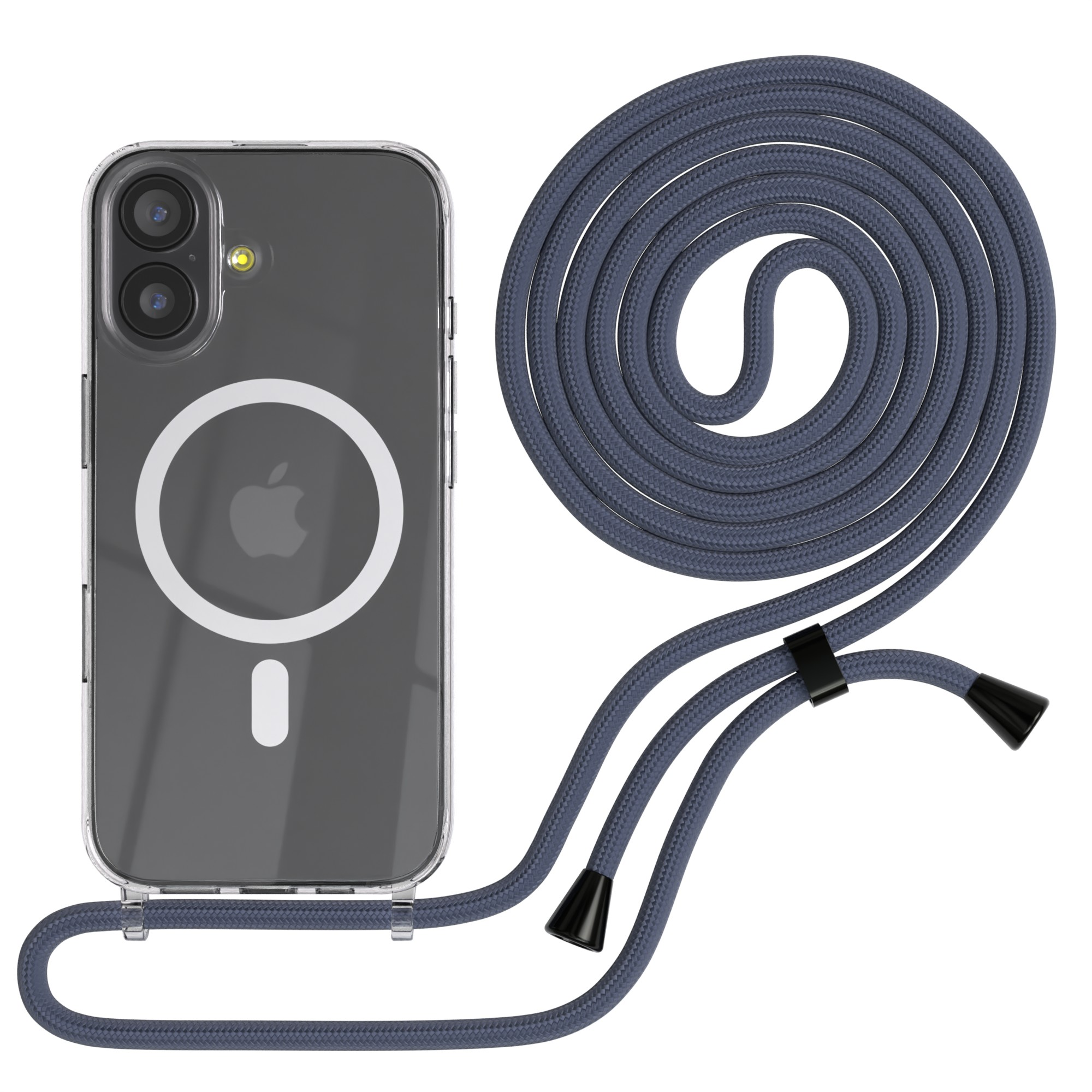 Transparente Handyhülle mit grauem Telefon, blau-graues Umhängeband. Das Band ist aufgerollt und hat schwarze Spitzen.