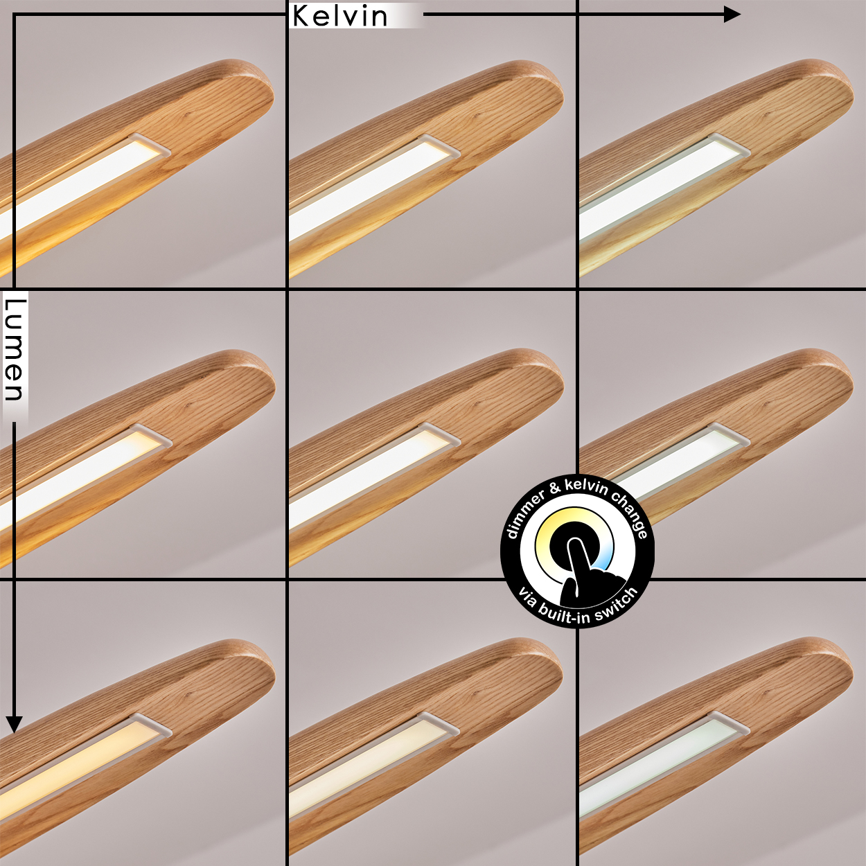 Neun Bilder zeigen eine Holzlampe mit wechselnder Lichtintensität und Farbtemperatur, gesteuert über einen eingebauten Schalter. Beschriftungen für Kelvin und Lumen.