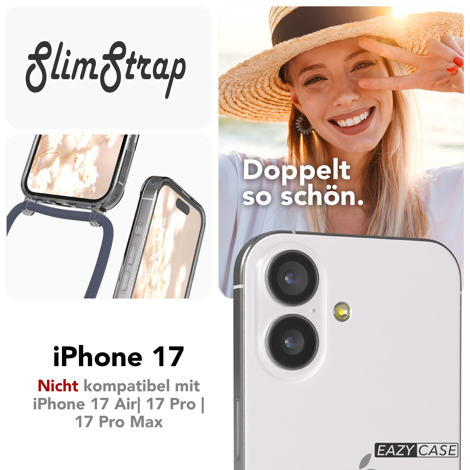 Das Bild zeigt eine Frau mit Strohhut und Handyhülle. Text: SlimStrap, iPhone 17 und Doppelt so schön.