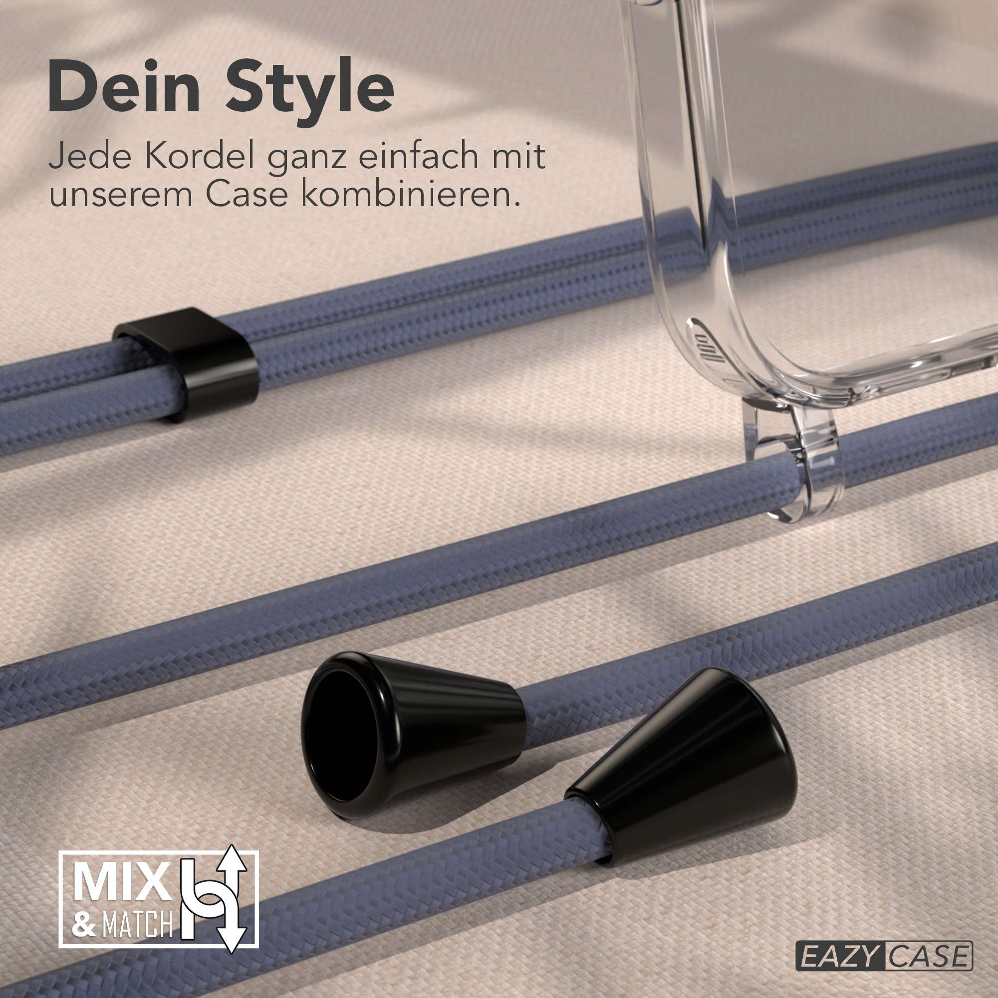 Das Bild zeigt eine blaue Kordel und schwarze Elemente. Der Text lautet 'Dein Style' und 'Mix & Match'.
