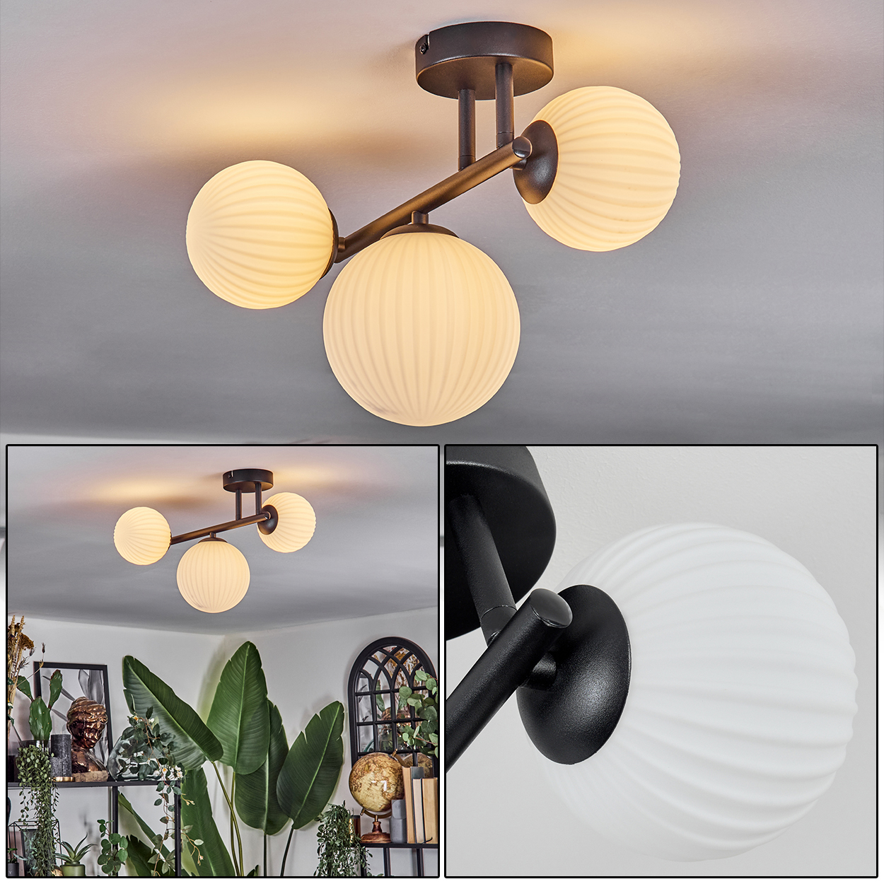 Eine Deckenleuchte mit drei kugelförmigen, gerippten Lampen. Die Leuchte ist schwarz, mit einem grauen Deckenhintergrund.