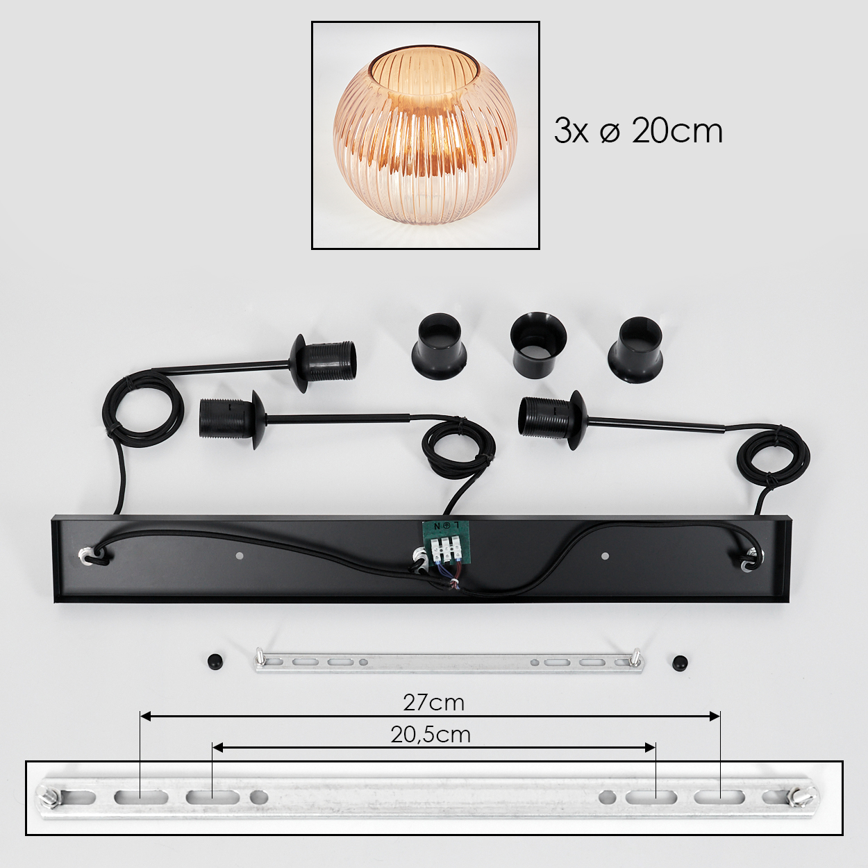 Eine zerlegte Deckenleuchte. Enthält einen Glasschirm, schwarze Hardware, eine Montagehalterung und Maßangaben.