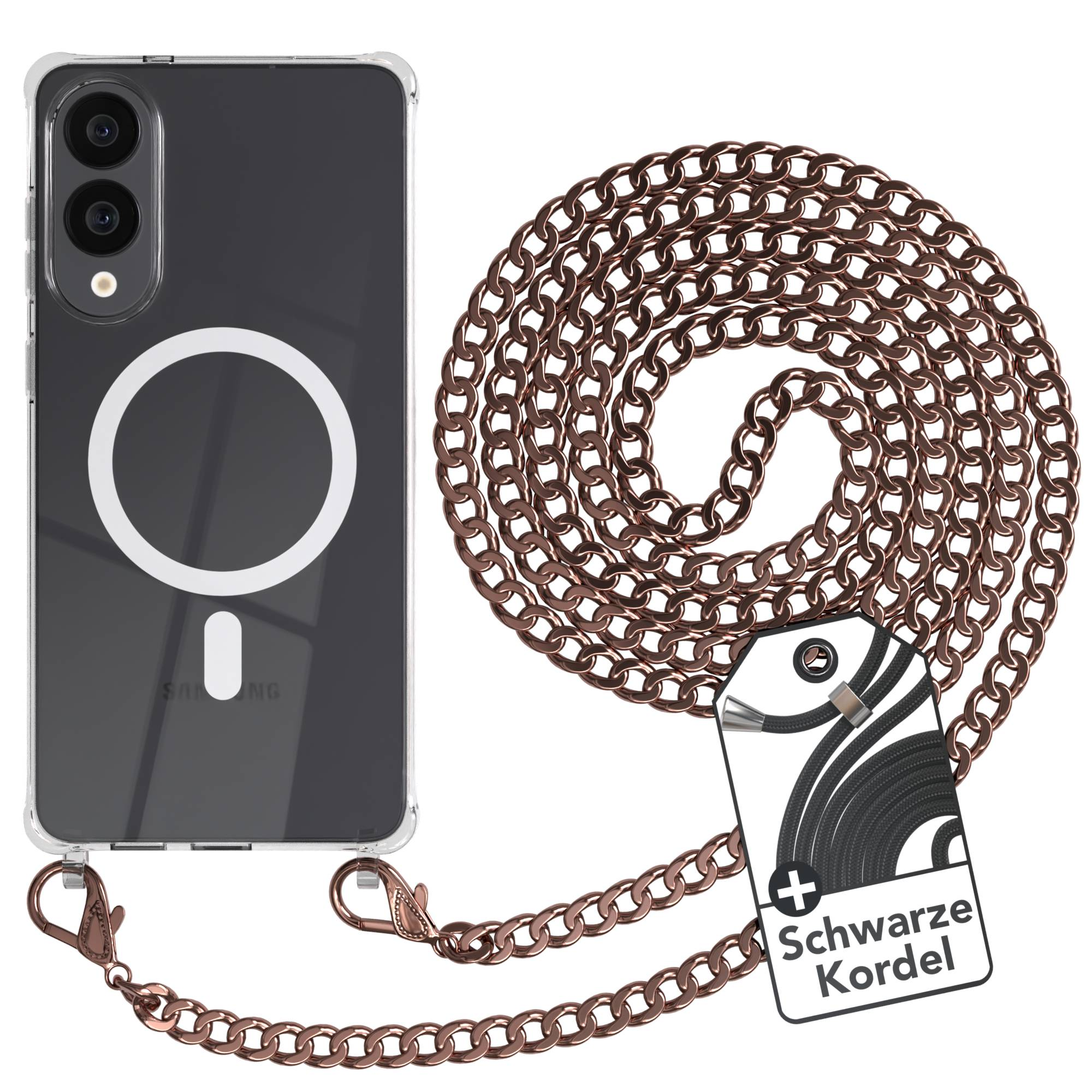 Eine transparente Handyhülle mit einer bronzefarbenen Kette. Ein Etikett sagt 'Schwarze Kordel'.