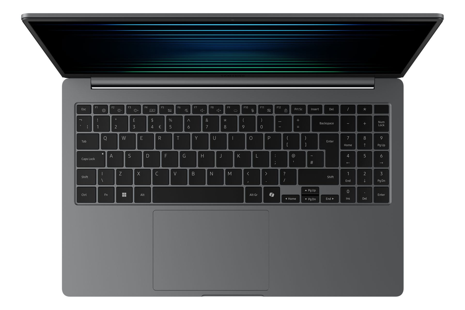 Laptop, Draufsicht, geöffnet. Tastatur mit schwarzen Tasten, grauer Rahmen. Bildschirm zeigt blaue und grüne Linien. Schwarzer Hintergrund.