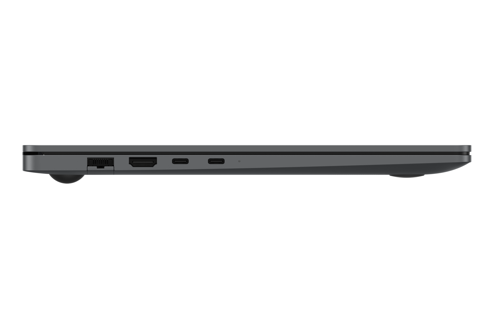 Seitenansicht eines dunkelgrauen Laptops auf schwarzem Hintergrund. Anschlüsse sind HDMI, USB-C und ein Stromanschluss.
