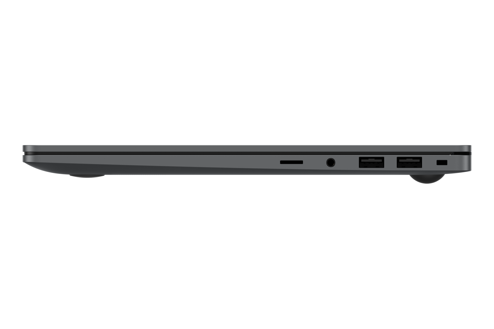 Seitenansicht eines dunkelgrauen Laptops. Zeigt Anschlüsse für USB, Audio und Strom. Der Laptop befindet sich auf schwarzem Hintergrund.