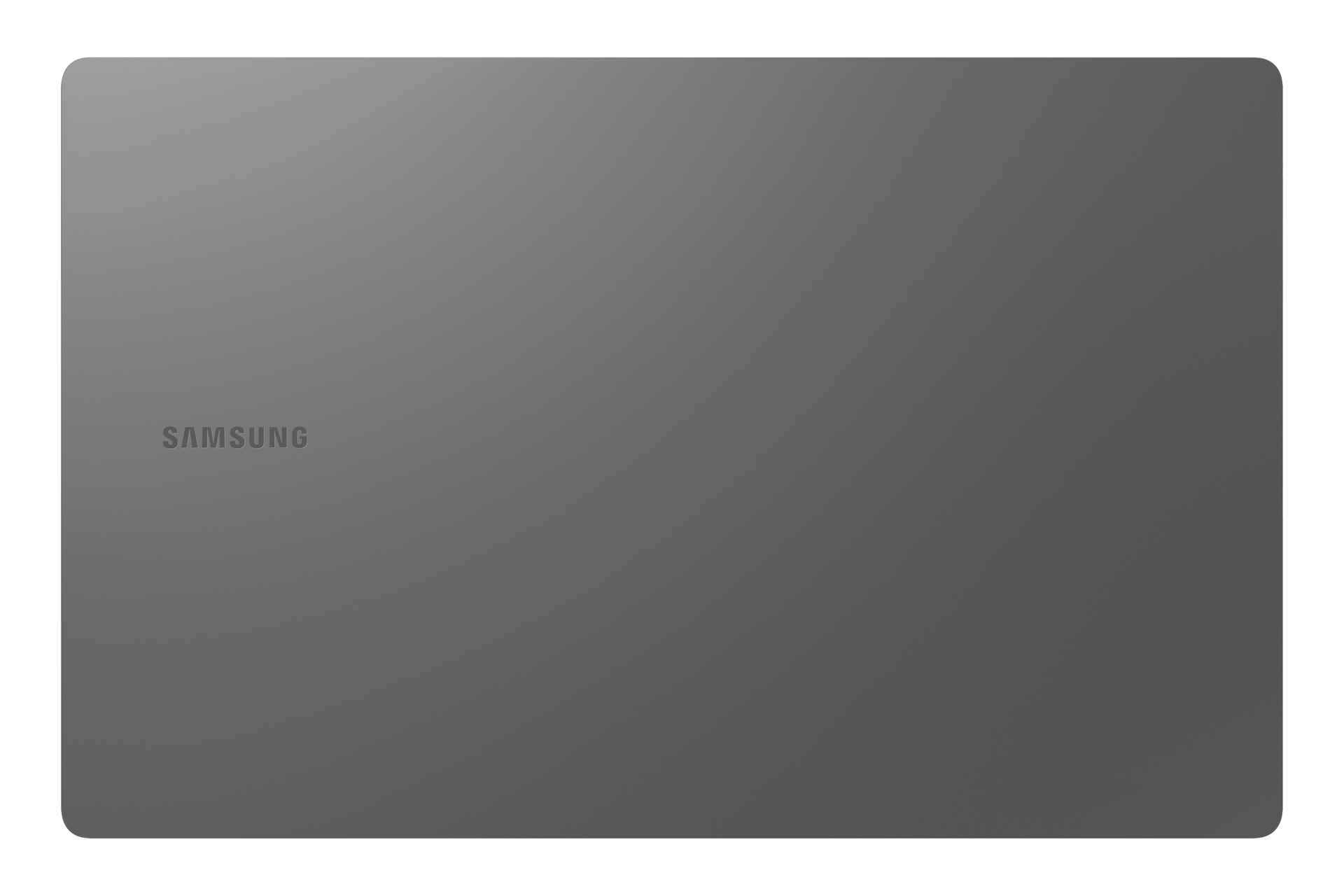 Graues Samsung-Tablet auf schwarzem Hintergrund. Das Samsung-Logo ist auf der oberen Hälfte sichtbar.