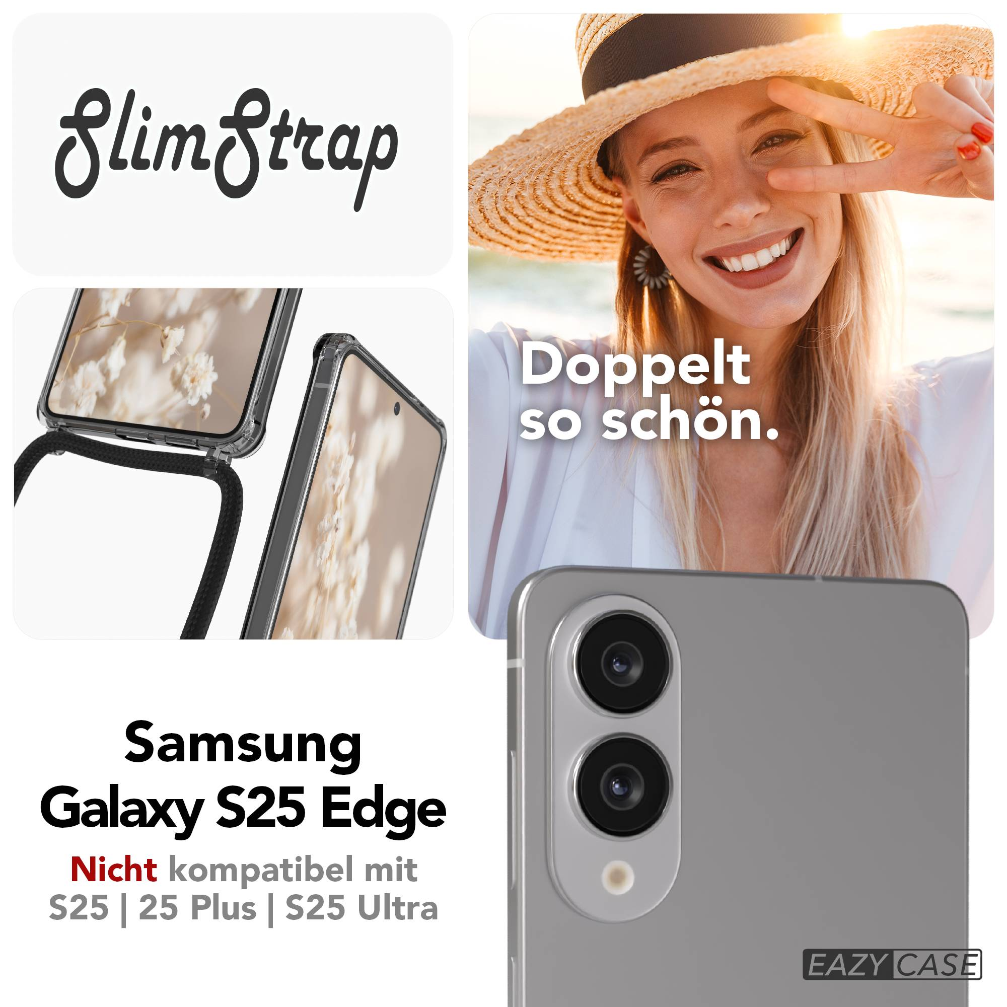 Bild mit Handyhülle, Frau mit Hut und Text: SlimStrap, Samsung Galaxy S25 Edge.