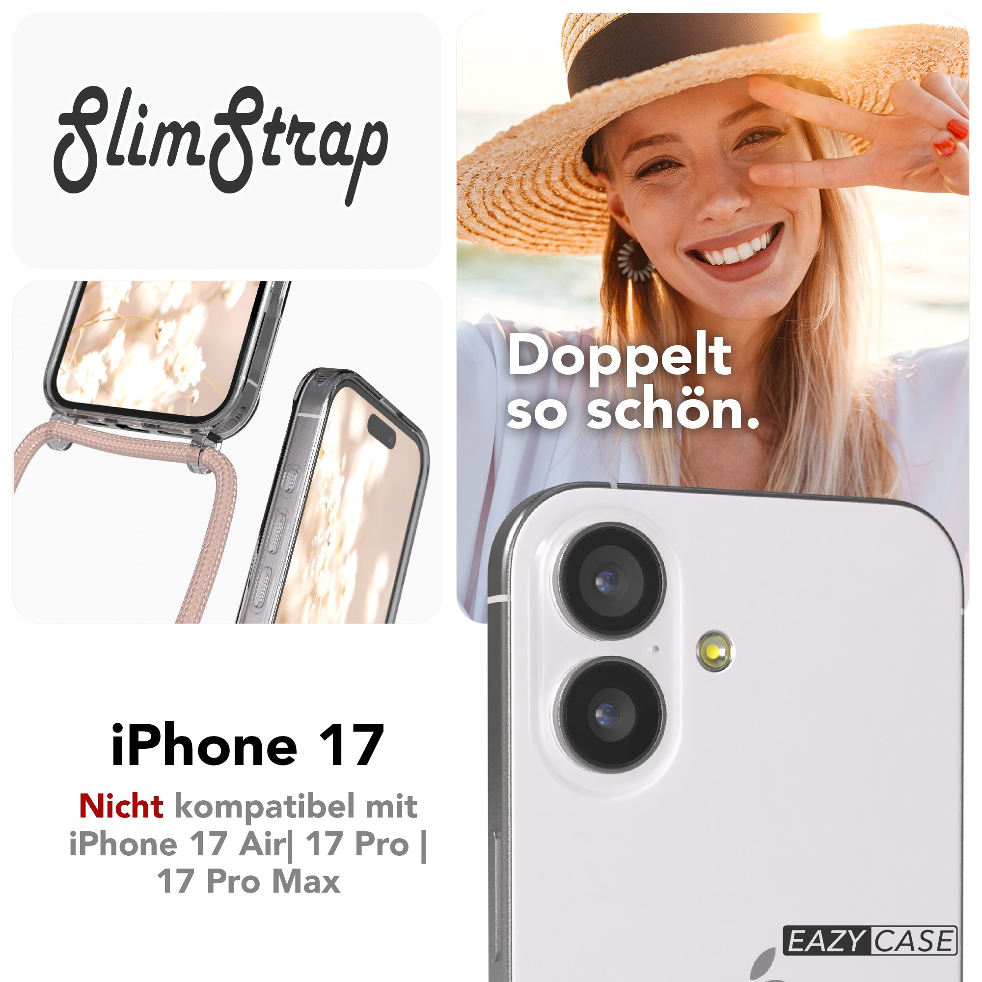 Eine Frau lächelt mit einem Peace-Zeichen. Das Bild zeigt eine Handyhülle und den Text 'SlimStrap', 'iPhone 17'.