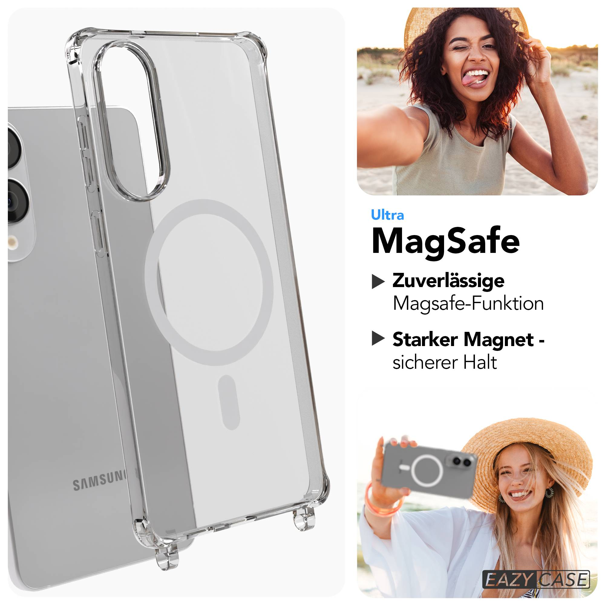 Transparente Handyhülle auf einem Handy. Frauen machen Selfies mit Handys. Text: Ultra MagSafe. Merkmale: zuverlässig und stark.