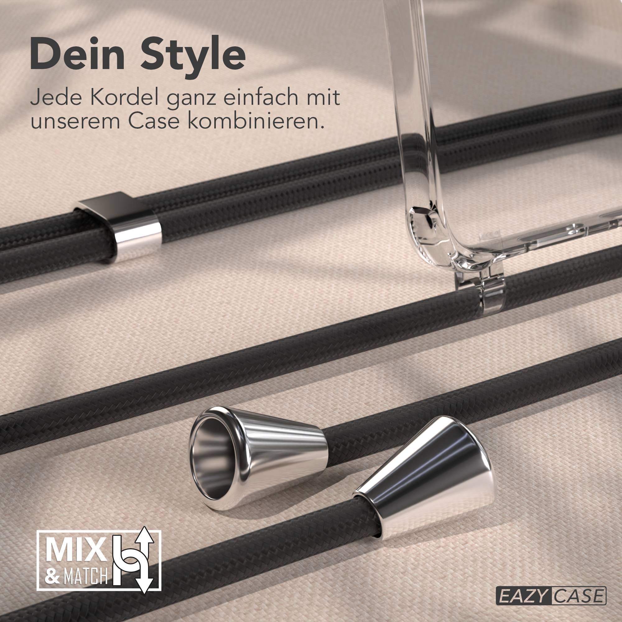 Nahaufnahme von schwarzen Kordeln mit silbernen Akzenten. Eine durchsichtige Handyhülle ist sichtbar. Text enthält "Dein Style" und "EAZY CASE".