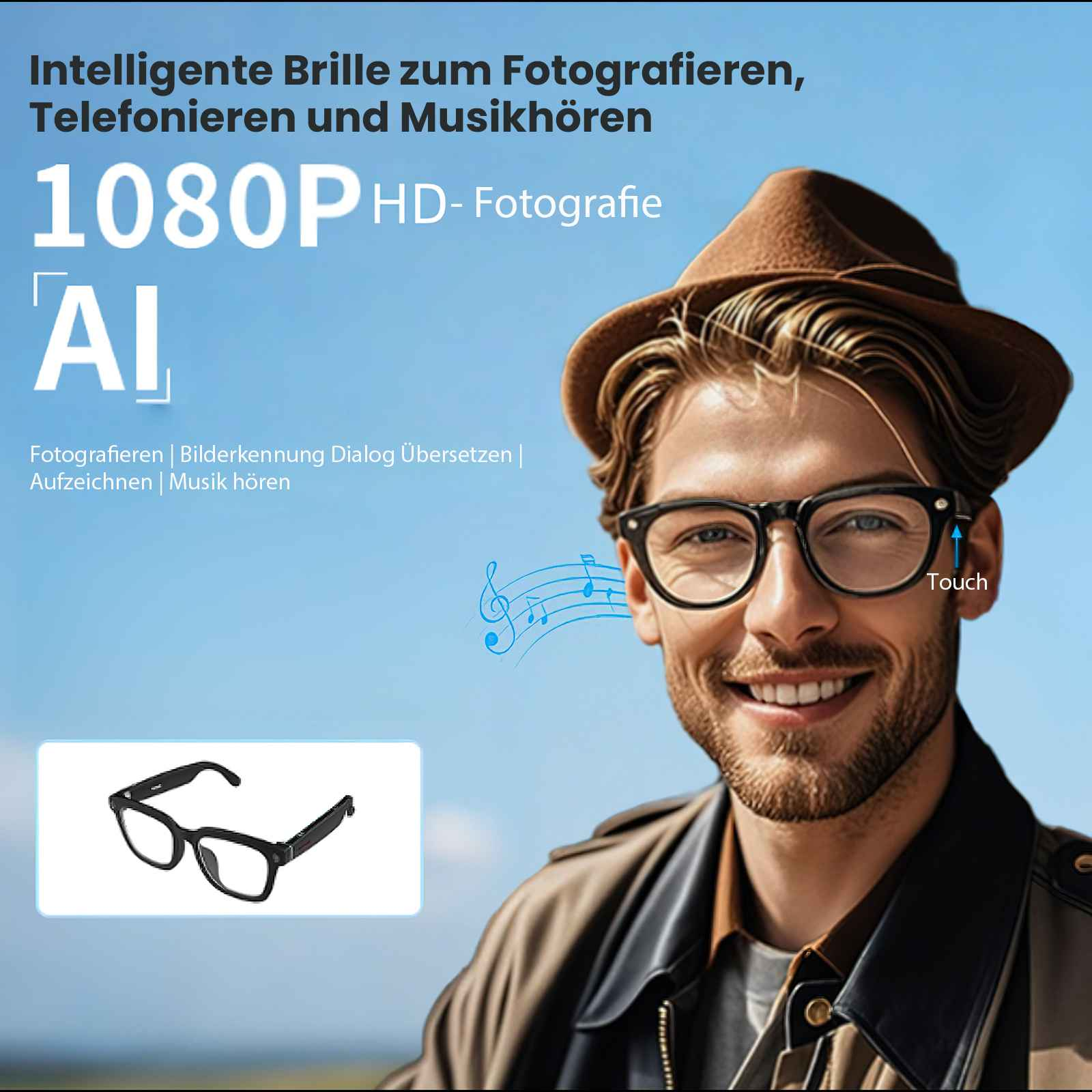 Mann mit Brille mit Touch-Funktion, braunem Hut, Text über intelligente Brillen und eine Brille.