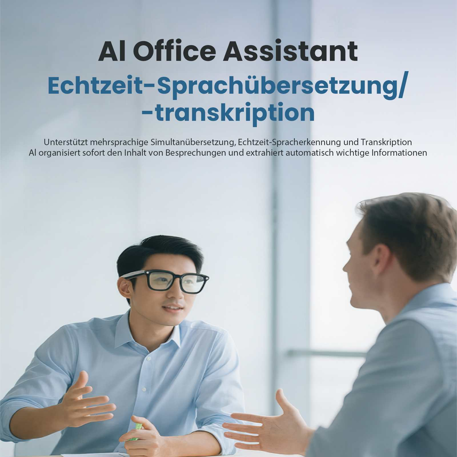 Zwei Männer diskutieren bei einem Meeting über KI-Office-Assistenten. Der Bildschirm zeigt Text auf Deutsch.