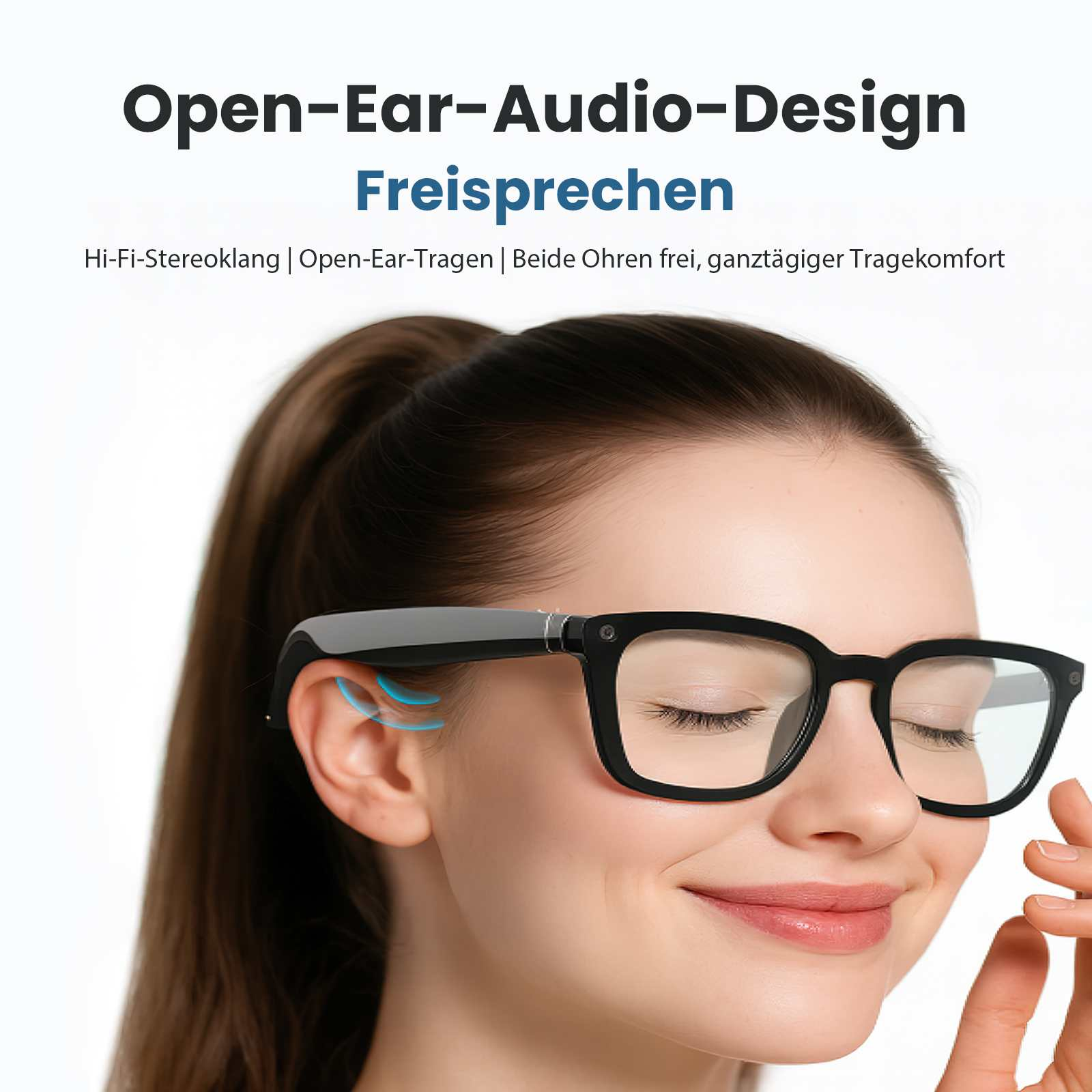 Eine Frau mit Brille und Open-Ear-Audio-Design. Der Text oben lautet Open-Ear-Audio-Design Freisprechen.