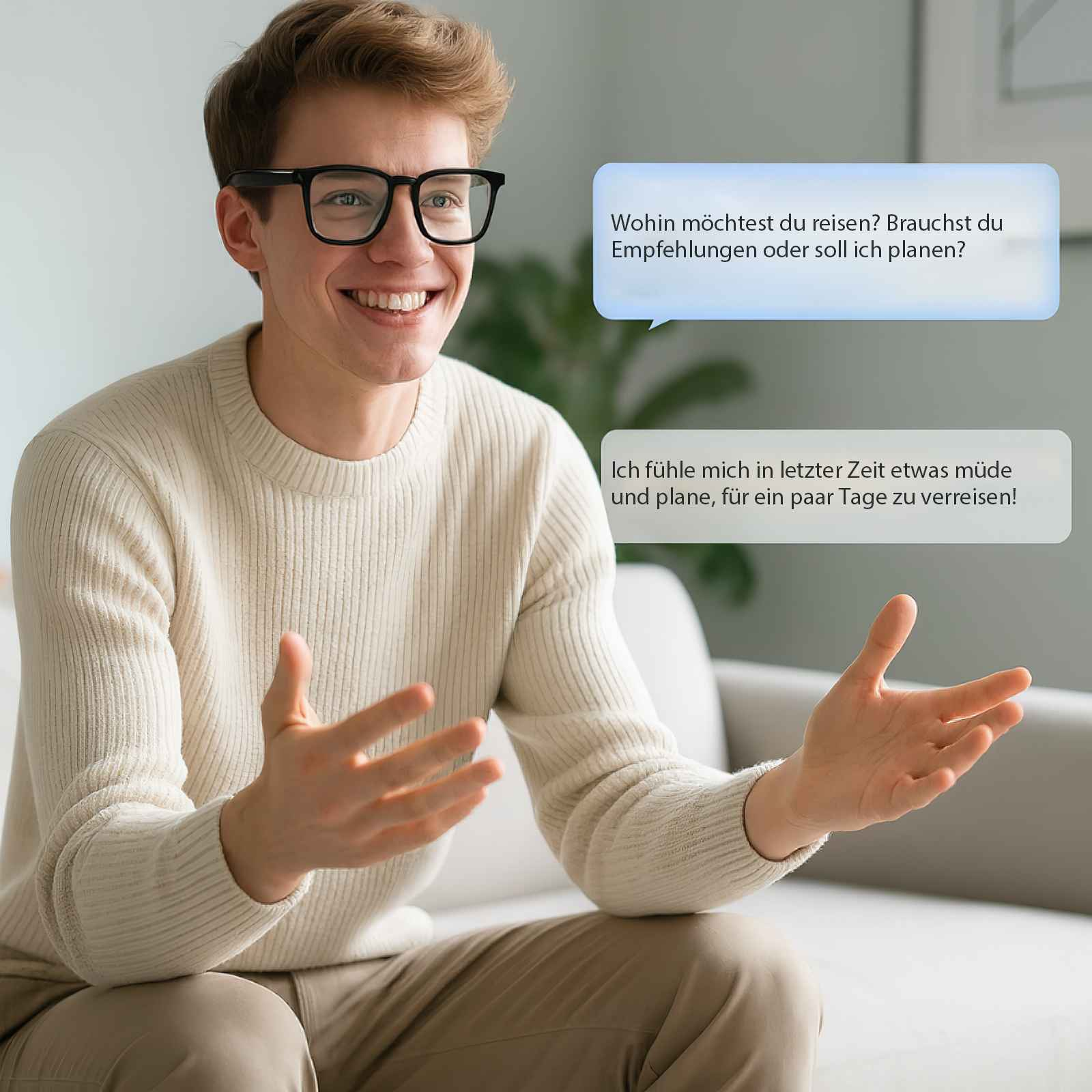 Mann mit Brille, lächelnd und gestikulierend. Sprechblasen enthalten deutschen Text über Reisepläne.