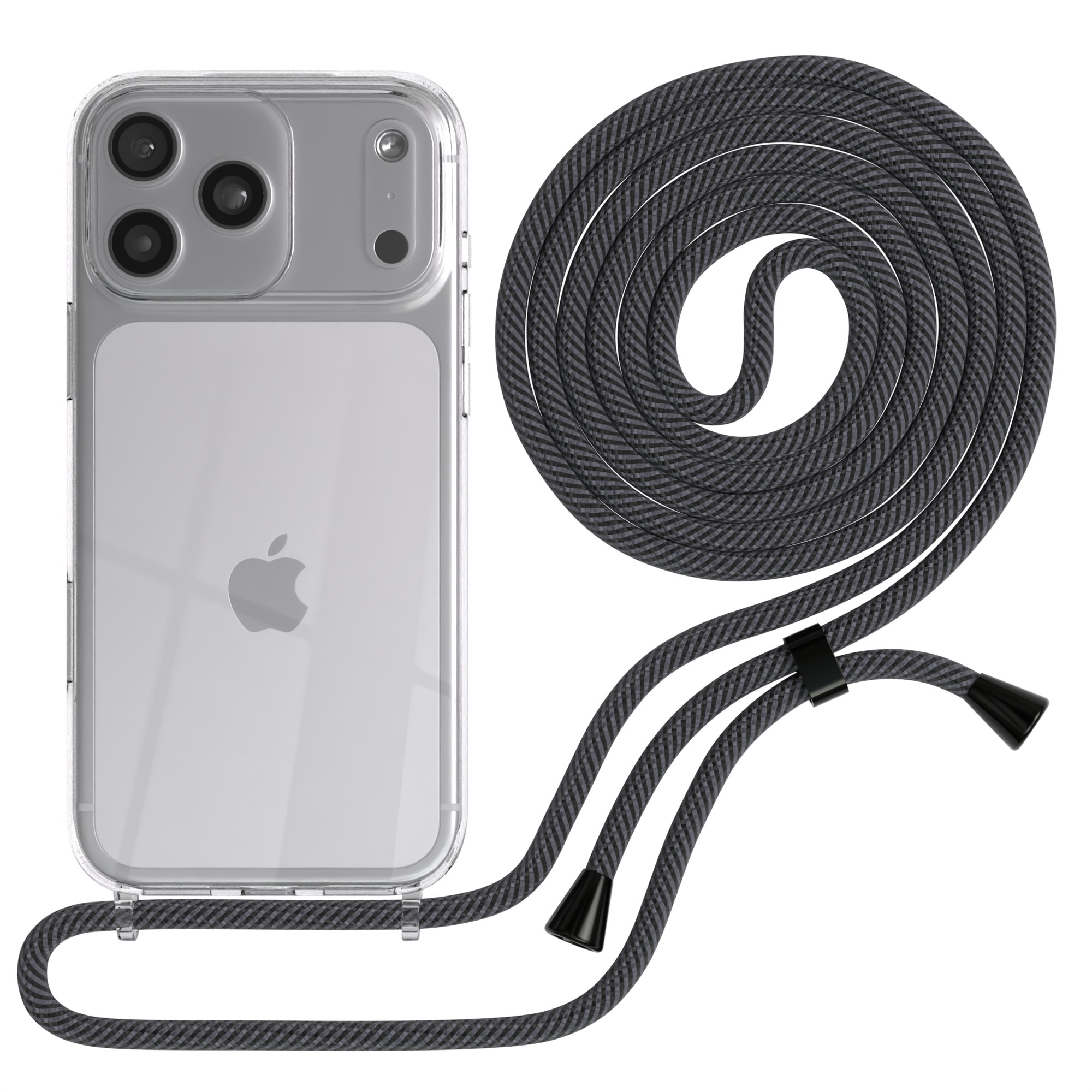 Transparente Handyhülle mit grauem Seil. Die Hülle hat ein Apple-Logo. Das Seil hat schwarze Spitzen.