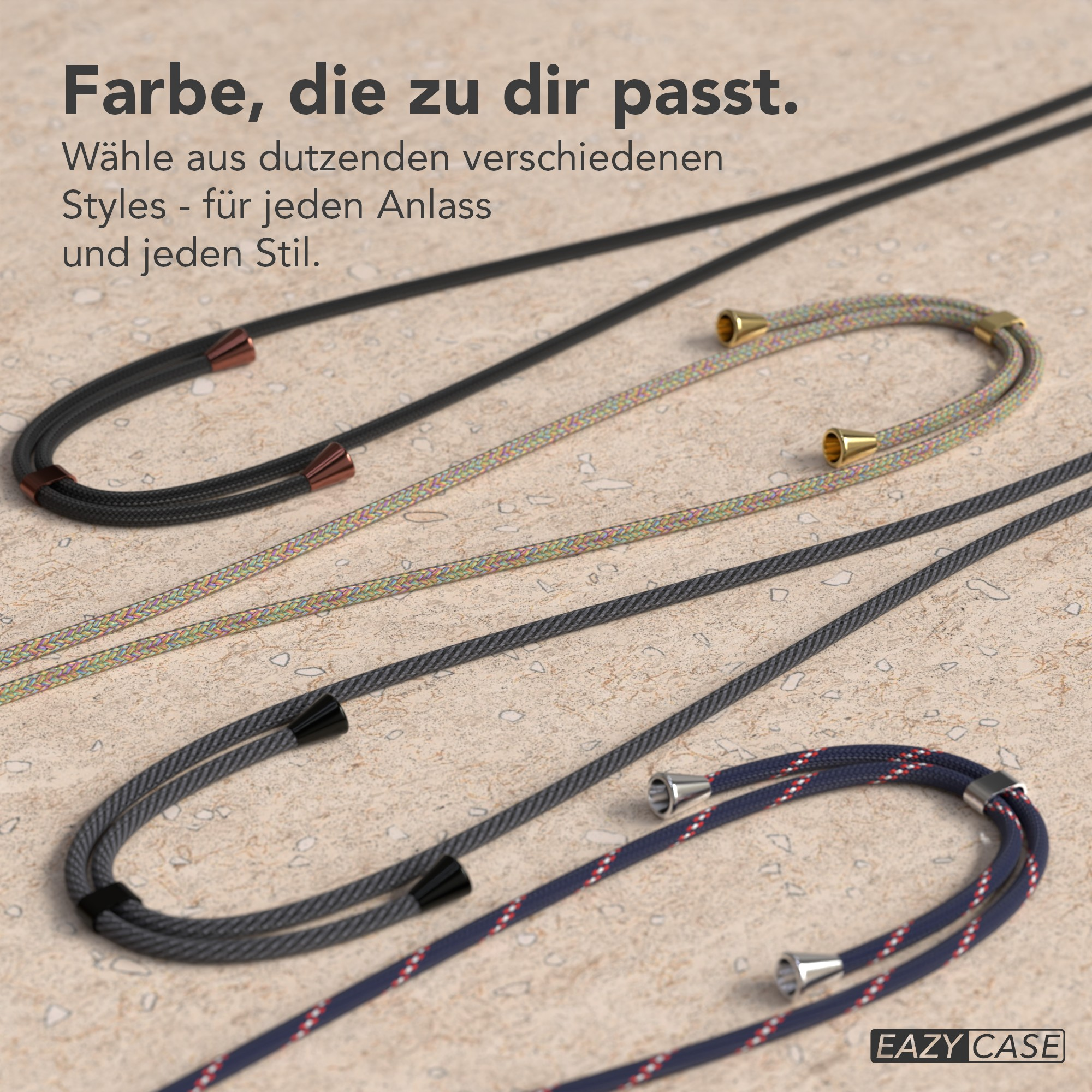Das Bild zeigt Handystraps in verschiedenen Farben. Text: Farbe, die zu dir passt. Wähle aus Dutzenden von Styles.