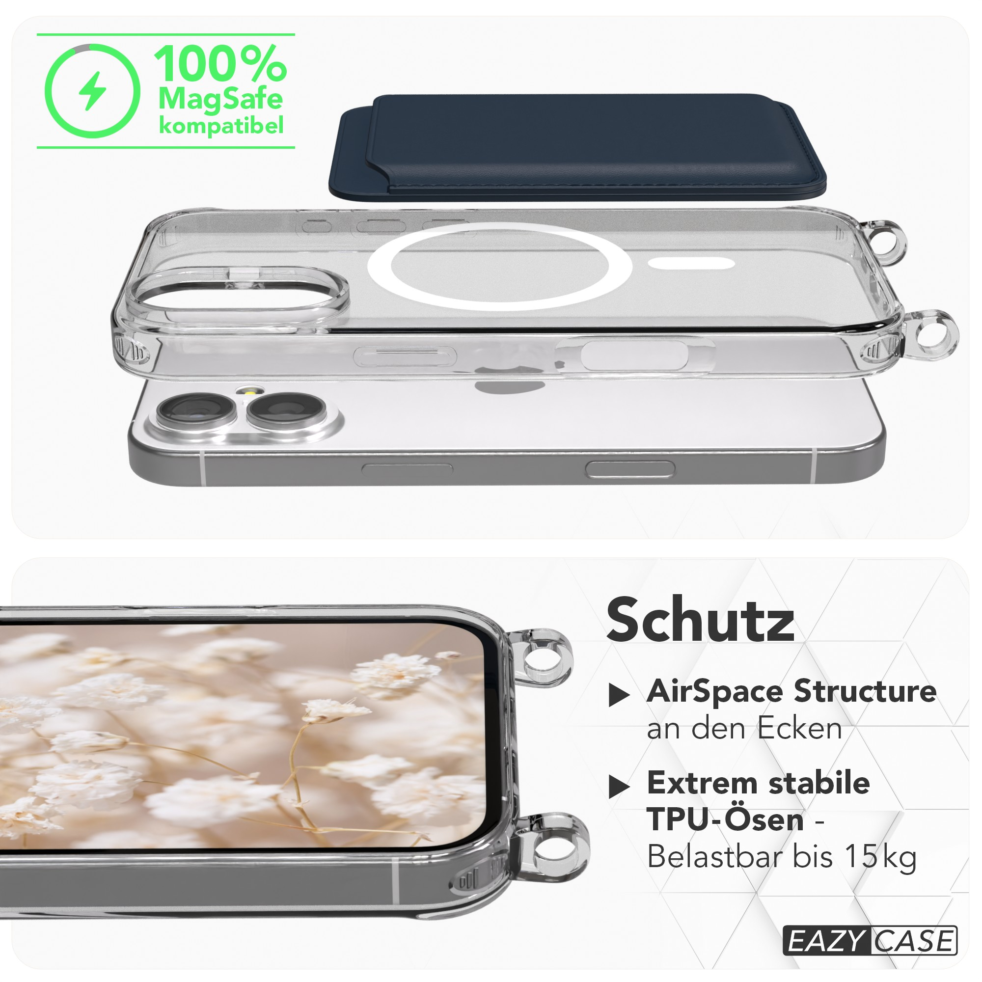 Transparente Handyhülle mit Telefon und blauem Portemonnaie, Text über Funktionen und Marke auf Weiß.