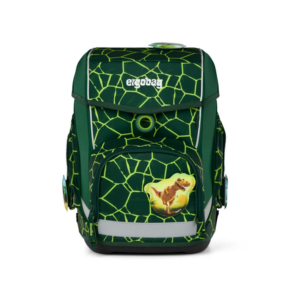 Ein grüner Rucksack mit einem Dinosaurierbild. Er hat ein geometrisches Muster, das Wort 'ergobag' und reflektierende Streifen.