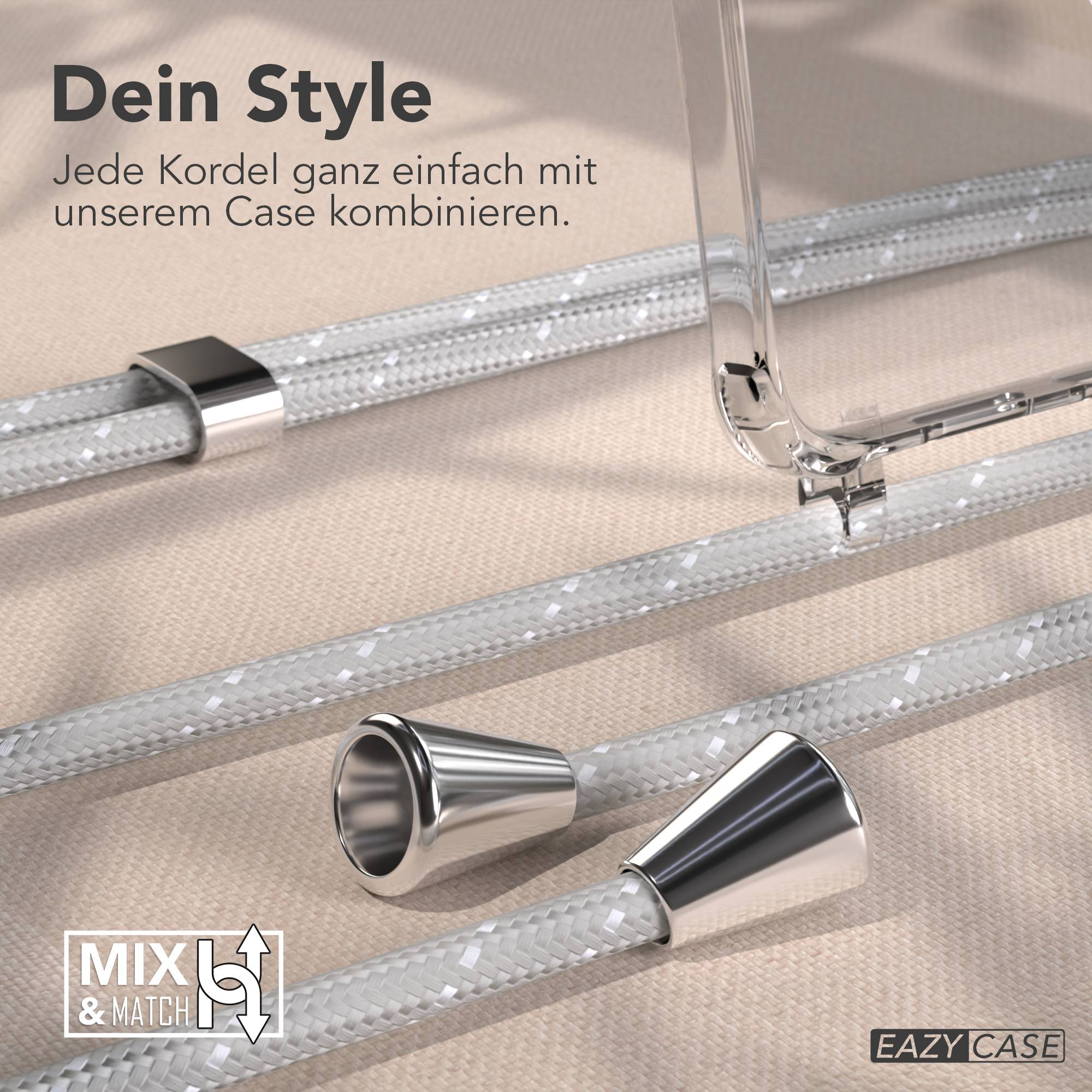 Das Bild zeigt Handykabel und eine transparente Hülle. Die Kabel sind grau mit silbernen Akzenten. Der Text lautet 'Dein Style'.