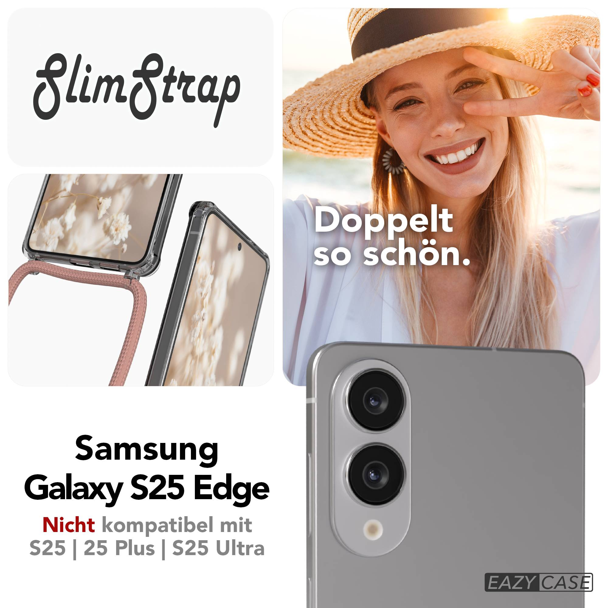 Bild mit Text 'SlimStrap', Frau mit Friedenszeichen, Handyhülle und Telefon. Text erwähnt auch Samsung Galaxy S25 Edge.