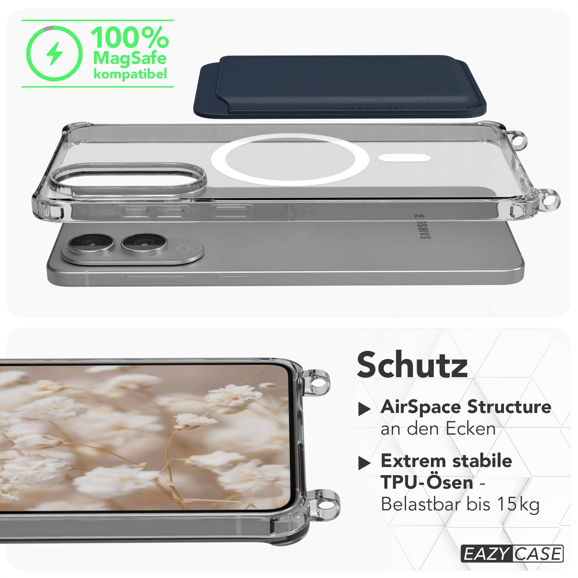 Eine Handyhülle und ein Handy werden angezeigt. Die Hülle ist transparent. Das Handy ist silber.