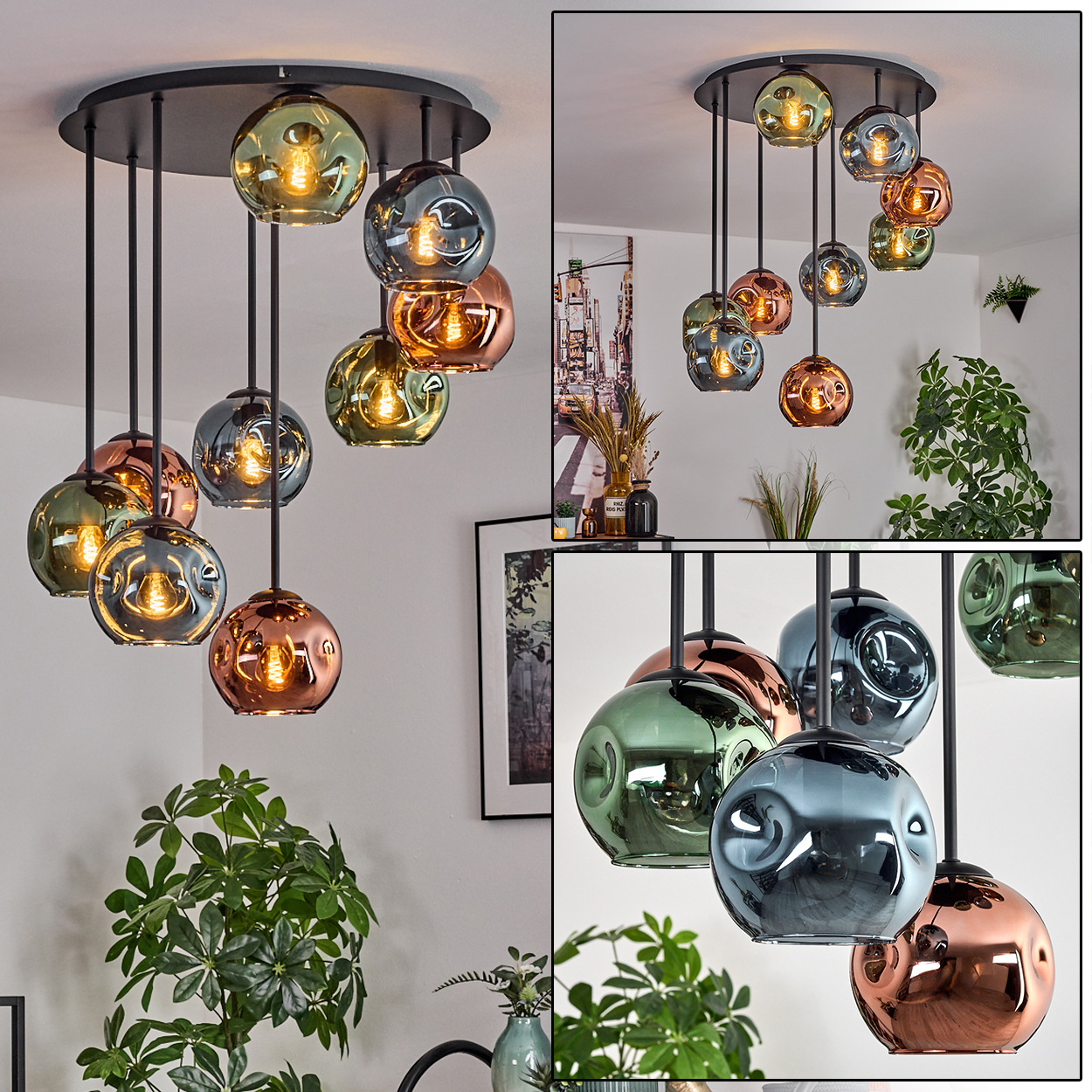 Eine moderne Deckenleuchte mit mehreren Glaskugeln in verschiedenen Farben hängt von der Decke. Pflanzen und Dekoration sind im Hintergrund.