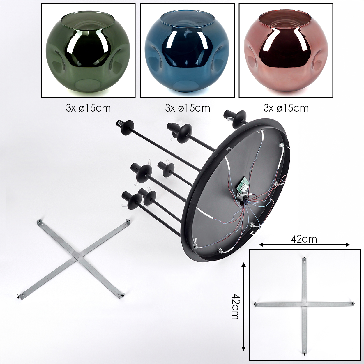 Drei Glasschalen in Grün, Blau und Rosa, mit schwarzem Lampensockel und metallenen kreuzförmigen Stützen. Maße sind angegeben.