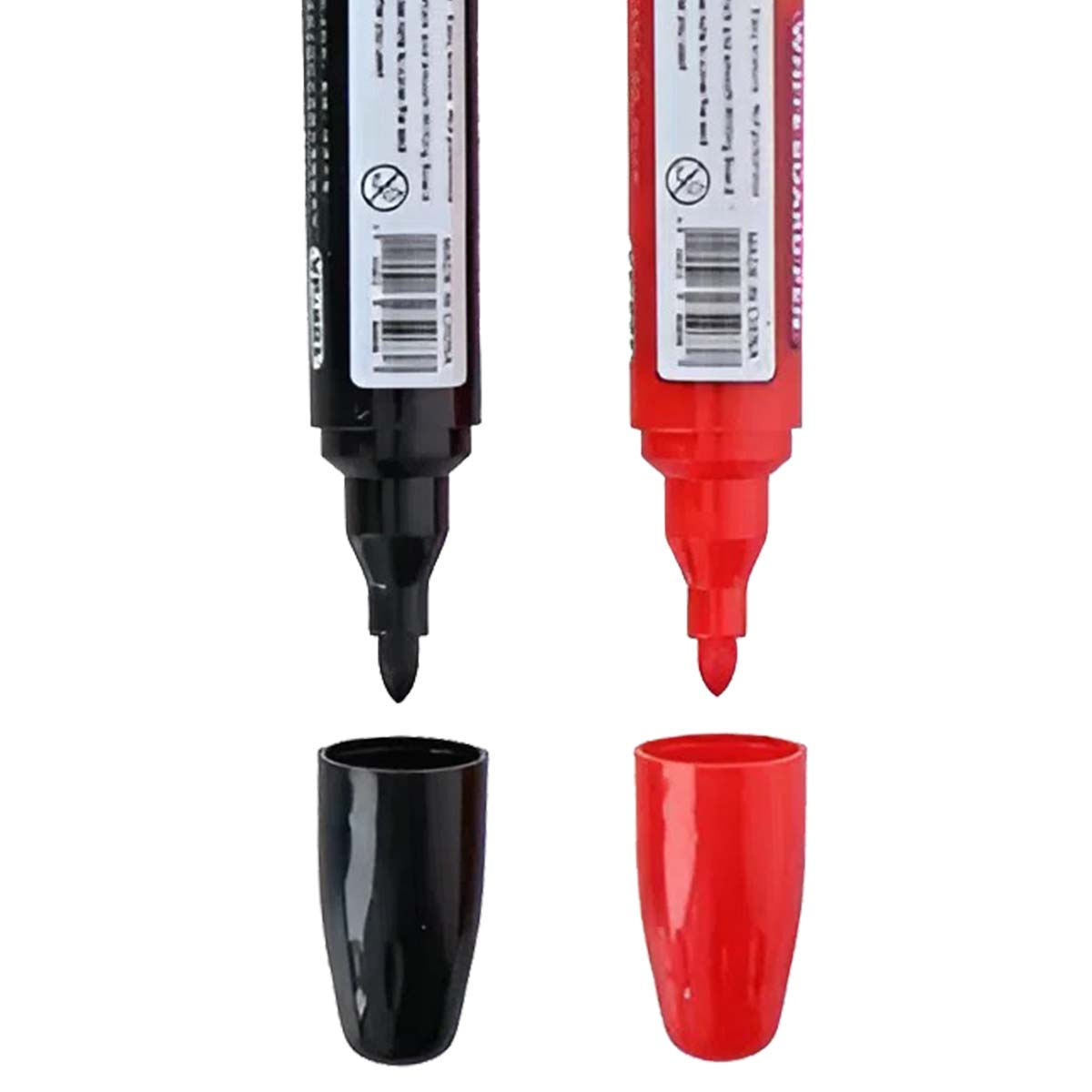 Zwei Whiteboard-Marker, schwarz und rot, ohne Kappen. Der schwarze Stift ist mit 'V-board' beschriftet. Der rote mit 'WHITEBOARD'.