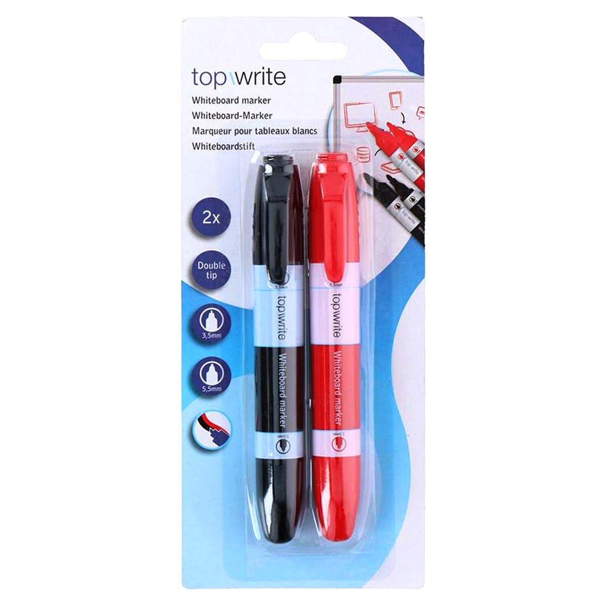 Eine Packung mit zwei Whiteboard-Markern, einem schwarzen und einem roten. Auf der Verpackung steht 'top write' und 'Whiteboard marker'.